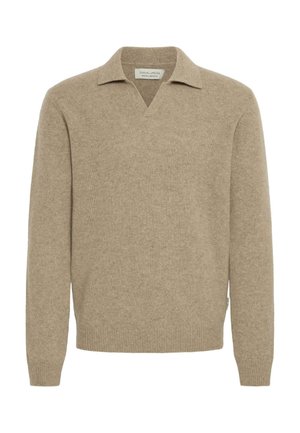 Pull en tricot beige fabriqué en tissu doux, avec un col en V, des manches longues et un ourlet ainsi que des poignets côtelés pour un ajustement confortable.