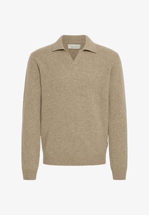 Bézs pulóver, puha kötött anyagból készült, V-nyakkivágással, hosszú ujjakkal, bordázott hemmel és mandzsettával a kényelmes illeszkedés érdekében.