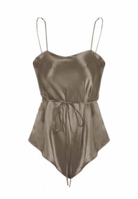 Brown satin sleeveless camisole top with thin straps and a waist tie, featuring an asymmetrical hemline.