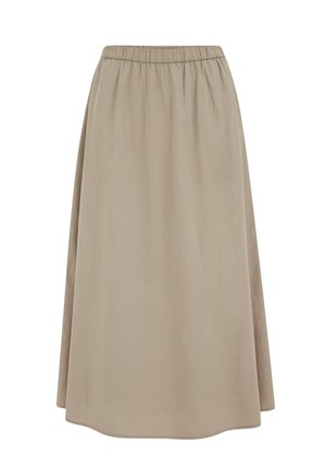 Bež suknja A kroja s elastičnim strukom i mekanim materijalom, dužine do koljena, jednostavnog dizajna za ležerno ili formalno nošenje.