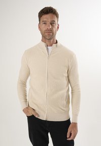 Beige Zip-Up-Pullover mit hohem Kragen, gerippter Textur, seitlichen Taschen und taillierter Passform, getragen über einem weißen Hemd und kombiniert mit schwarzen Hosen.