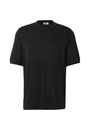 Sort T-shirt med korte ærmer og rund hals, med ensfarvet design og et lille synligt mærke indeni kraven.