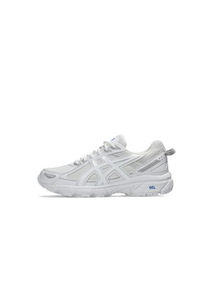 White athletic sneaker with mesh upper, cushioned GEL midsole, and lace-up design, shown from the outer side on a white background.