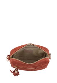Eine rostfarbene Wildledertasche mit goldenem Reißverschluss und einem Akzent-Tassel. Das Innere besteht aus beigem Stoff und verfügt über eine kleine Tasche sowie einen Reißverschlussbereich.