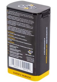 Contenedor rectangular negro para limpiador de zapatos, con una base amarilla, superficie texturizada e instrucciones impresas en varios idiomas en el lateral.