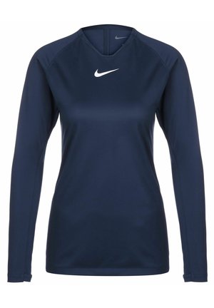 Marineblauw sportshirt met lange mouwen en een klein wit Nike swoosh-logo in het midden van de borst.