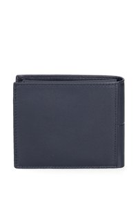 Portafoglio in pelle blu navy, design bifold, texture liscia, con dettagli di cucitura visibili e una fessura per le carte sul lato.