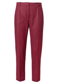 Pantalon à motif rouge et marine, avec une coupe ajustée, devant plat et design élégant avec une texture subtile. Taille classique et plis marqués.