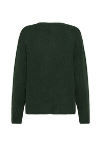 Pulover verde închis, realizat dintr-un material moale și texturat. Are un decolteu rotund și manșete și tiv cu nervuri, cu o croială lejeră. Vedere din spate vizibilă.