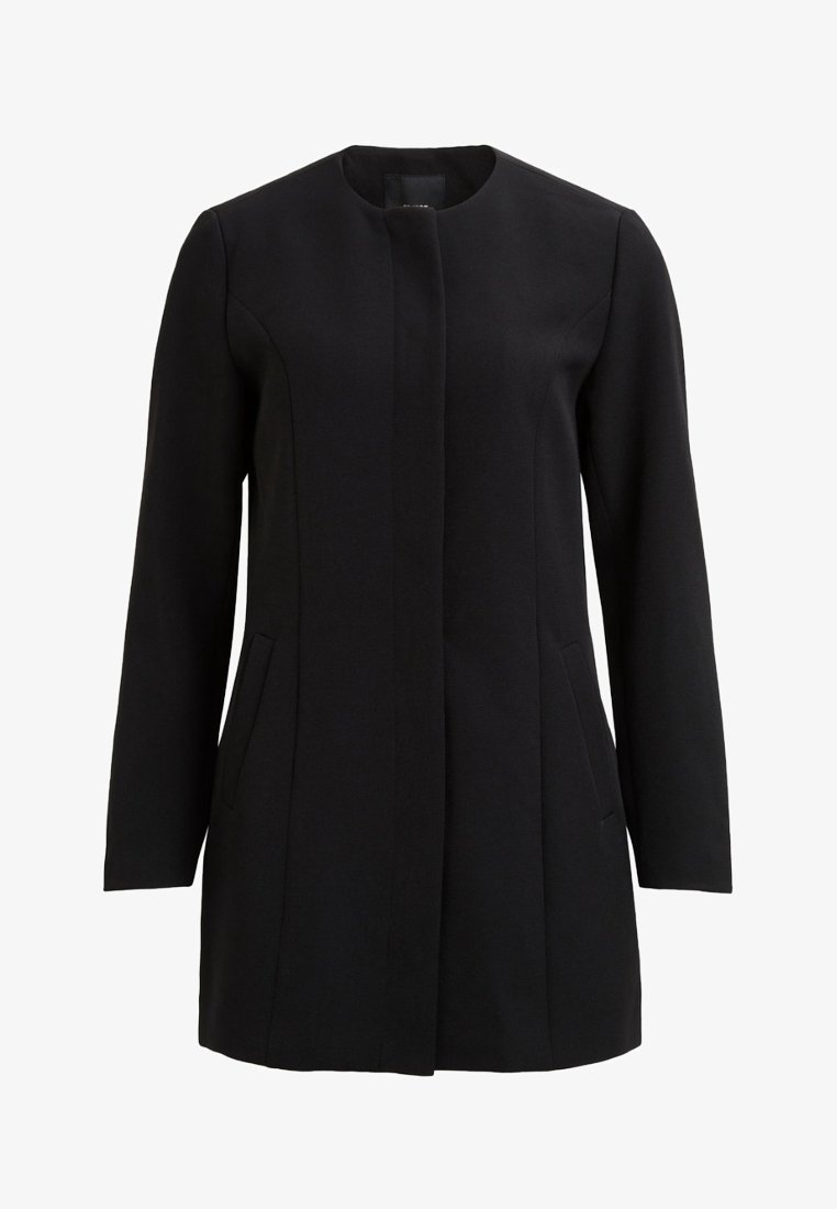 Manteau noir à manches longues avec un col rond, une fermeture avant dissimulée et deux poches latérales, conçu pour une coupe ajustée.