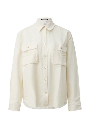 Roomkleurig shirtjack met lange mouwen, knoopsluiting aan de voorkant en borstzakken met gouden drukknoopsluitingen, voorzien van een klassieke kraag.