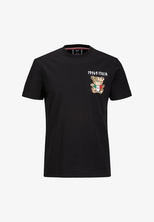 Schwarzes T-Shirt mit kurzen Ärmeln, Teddy-Bär-Grafik und dem Text "19V69 Italia" auf der Brust, mit den Farben der italienischen Flagge auf dem Bären.