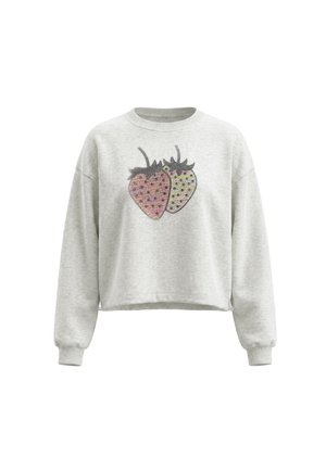 Lysegrå sweatshirt med lange ærmer med to store pailletjordbær i pink og sølv på fronten.
