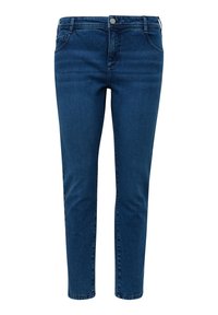 Tamno plave traperice izrađene od denima. Imaju klasičan dizajn s pet džepova i zatvaranjem na zip, sa slim fit krojem i blagim habanjem.