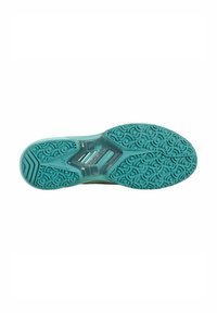 Shoe sole with a teal rubber base, featuring a spiral pattern and grooves for traction, highlighted by transparent cushioning elements.