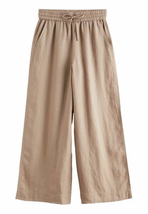 Pantalon beige à jambes larges avec taille élastique et cordon, doté de poches latérales et d'une coupe décontractée.