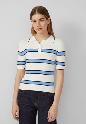 Short-sleeve polo shirt in white with navy and light blue horizontal stripes. Features a collared neckline and three-button placket.