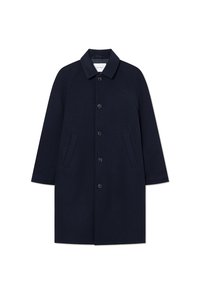 Ναυτικό παλτό από μαλλί με γιακά, ραγλάν μανίκια, μπροστινό κλείσιμο με κουμπιά και δύο πλαινές τσέπες. Απλός σχεδιασμός, λεία υφή και χωρίς επιπλέον σχέδια.