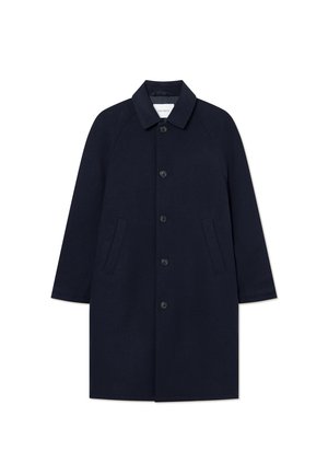 Marine uldfrakke med krave, raglanærmer, frontal knaplukning og to sidelommer. Simpelt design, glat tekstur og ingen yderligere mønstre.