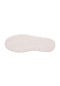 Weißer Gummisohlen-Sneaker mit strukturierten Griffmustern, kreisförmigen und ovalen Designs sowie definiertem Seitenprofil für besseren Halt und Langlebigkeit.