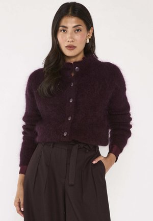Jeune femme aux cheveux foncés porte un pull violet à boutons tout doux et un pantalon large, foncé et taille haute, la main dans la poche.