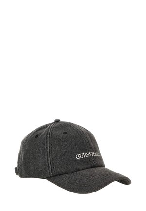 Black denim baseball cap with a curved brim, featuring white embroidered "GUESS JEANS" branding on the front and adjustable strap at the back.