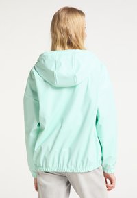 Lett, mintgrøn hættejakke med elastiske manchetter og kant. Glat, vandafvisende materiale; enkelt design. Bagfra, med blont hår synligt.