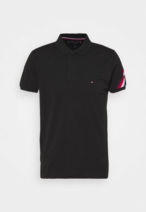 Black polo shirt with a classic collar, two-button placket, and a small logo on the chest. Features colorful striped accents on sleeves.