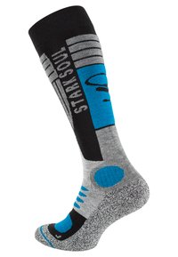 Calza sopra il ginocchio in nero, grigio e blu. Presenta un design a righe, un motivo a pois e un bordo a coste. Realizzata in materiale morbido ed elastico.