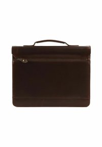 Braune Lederaktentasche mit rechteckiger Form, einem Griff und einer Reißverschlusstasche auf der Vorderseite. Glatte Textur mit minimalistischem Design.