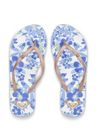 Floral flip-flops with white base, blue and green flower patterns, and light brown textured straps featuring a heart logo detail.