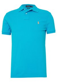 Tyrkysové polo tričko vyrobené z bavlny, s klasickým límečkem, krátkými rukávy a malým vyšívaným logem koně v oranžové barvě.