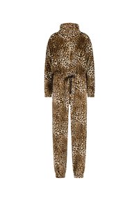 Lāču raksta lektas ar augstu apkakli, elastīgām aprocēm, auklo jostu un mīkstu audumu brūnā un krēma krāsā.