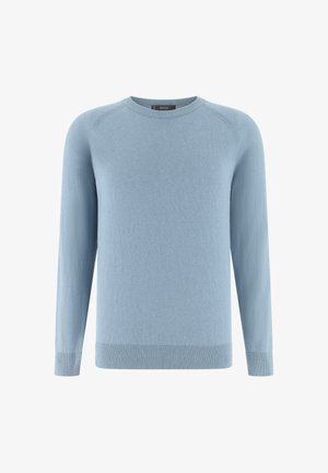 Vaaleansininen pitkähihainen pyöreäkauluksinen villapaita, jossa on resorit hihansuissa ja helmassa, valmistettu pehmeästä neulotusta kankaasta, esitettynä yksinkertaisella valkoisella taustalla.