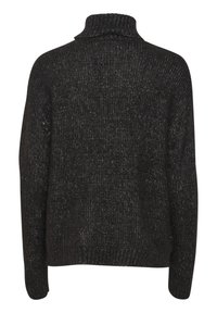 Strickpullover in Dunkelgrau mit subtilen Glitzereffekten, hohem Kragen, lockerer Passform und überschnittenen Schultern. Strukturierter Stoff mit gerippten Akzenten.