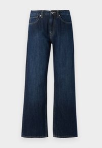 Wide-leg dark blue jeans made of denim, featuring a zip fly, button closure, and two front pockets with contrasting stitching.