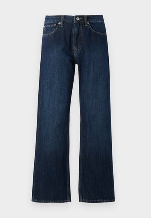Jeans en denim bleu foncé à jambe large, avec une fermeture éclair, un bouton, et deux poches avant avec des coutures contrastantes.