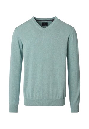 Lichtteal gebreide trui met een V-hals, lange mouwen en geribbelde boorden. Heeft een subtiele textuur en een klein logo op de borst.