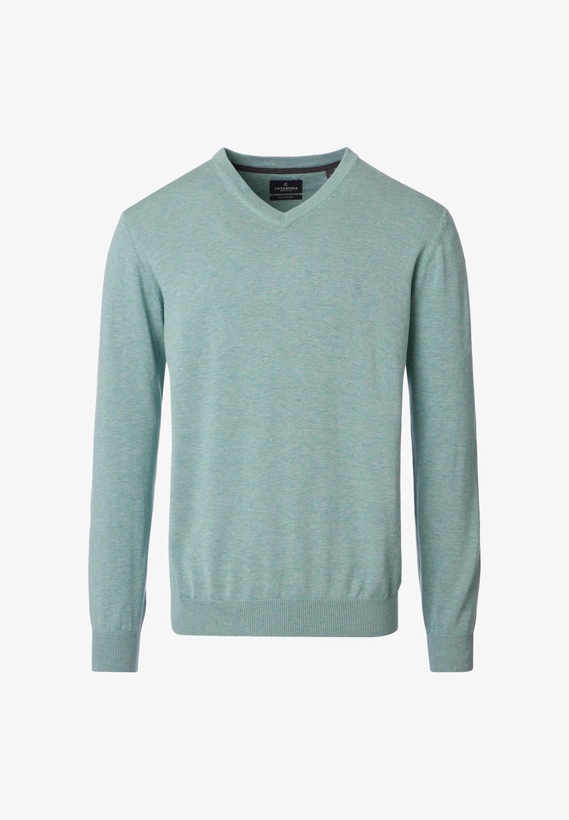 Maglione lavorato a maglia verde acqua chiaro con scollo a V, maniche lunghe e polsini a costine. Presenta una texture sottile e un piccolo logo sul petto.