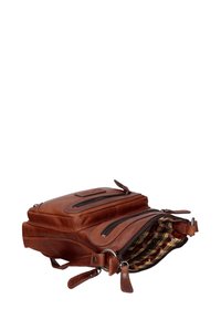 Borsa in pelle marrone con forma rettangolare, due scomparti con zip e rivestimento interno a scacchi. Caratterizzata da una tracolla e dettagli in metallo.