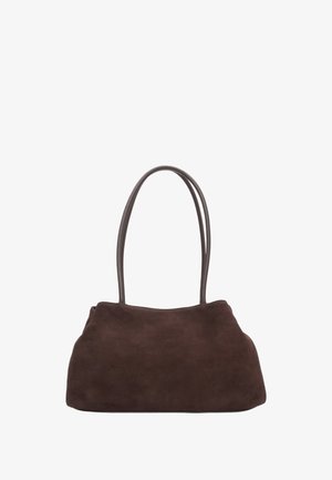 Brown suede handbag with two long handles, soft texture, and a slouchy design, featuring a rounded bottom and no visible hardware.