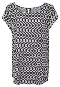 Haut à manches courtes à motif noir et blanc avec un col rond et un détail en forme de trou de serrure au dos. Tissu lisse avec une coupe décontractée.