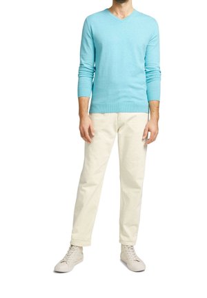 Ljusblå v-ringad tröja i mjukt stickat tyg, kombinerad med krämfärgade avsmalnande byxor och ljusa sneakers. Enkelt mönster, utan tryck.