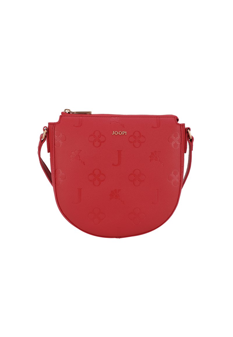 Borsa a mano in pelle sintetica rossa con forma curva. Presenta motivi floreali e lettere in rilievo, un logo dorato e una tracolla rimovibile.