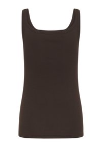 Débardeur en maille côtelée marron foncé sans manches avec encolure carrée et larges bretelles.
