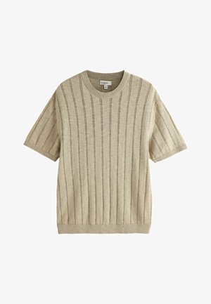 Beige kortemouwen gebreide trui met verticale geribde strepen, ronde hals en medium maat label binnen de kraag.