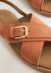 Sandale en daim marron avec un large design à brides croisées et une boucle dorée réglable, dotée d'une semelle intérieure rembourrée et d'une semelle extérieure marron.