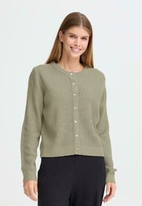 Grön, texturerad cardigan med långa ärmar, rund halsringning och femknapps-framstängning, med ribbade manschetter och nederkant.
