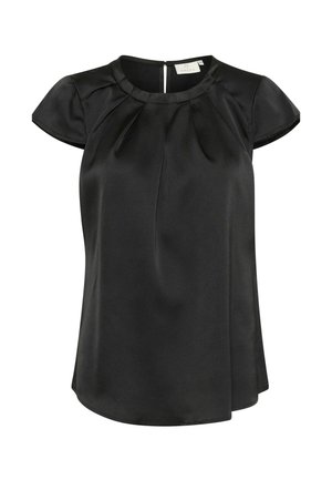 Blouse noire en satin à manches courtes, col rond, détail plissé devant et petite fermeture goutte d'eau au dos.