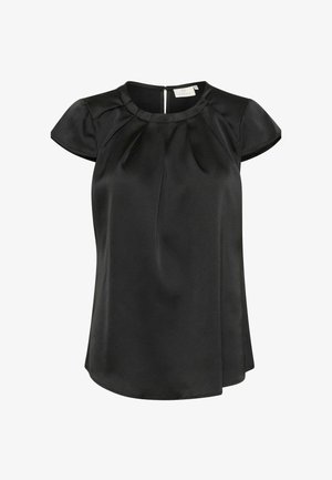 Blouse noire en satin à manches courtes, col rond, détail plissé devant et petite fermeture goutte d'eau au dos.